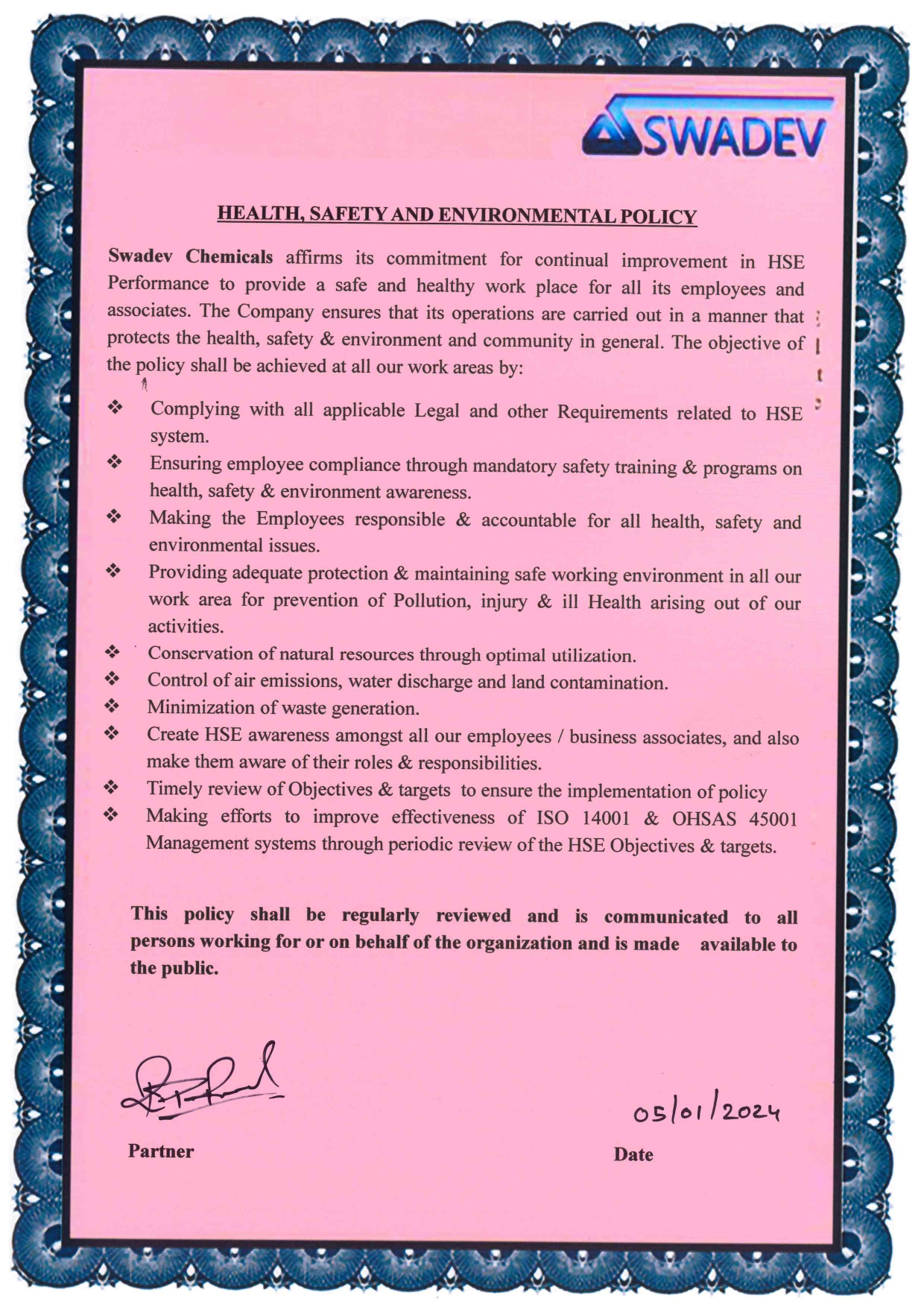 Swadev HSE Certificate